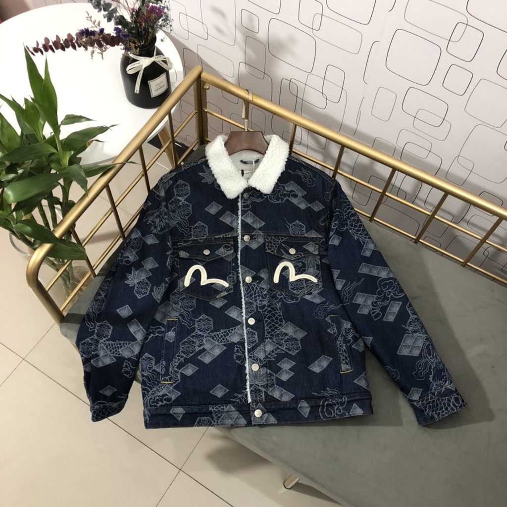 Evisu New Style Dragon Pattern Jacquard Lamb Wool Denim Jacket Men