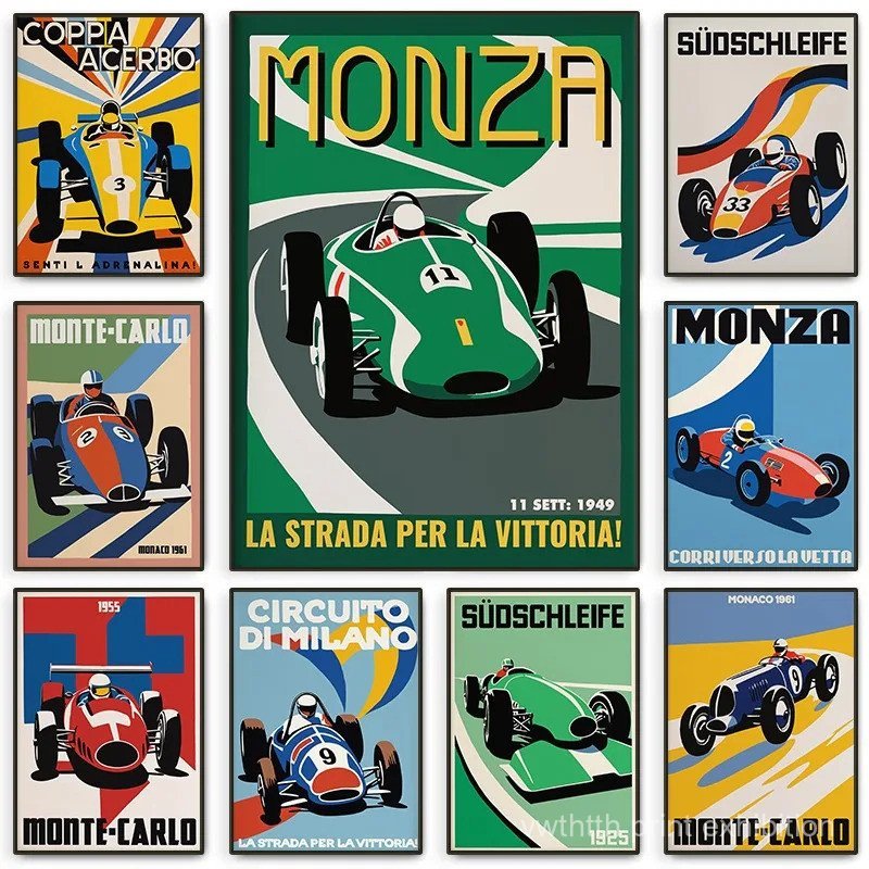 Vintage Monza Racing โปสเตอร์คลาสสิก Race Motorsport สะสมอิตาเลี่ยน Grand Prix ผ้าใบภาพวาดรถ Wall Ar