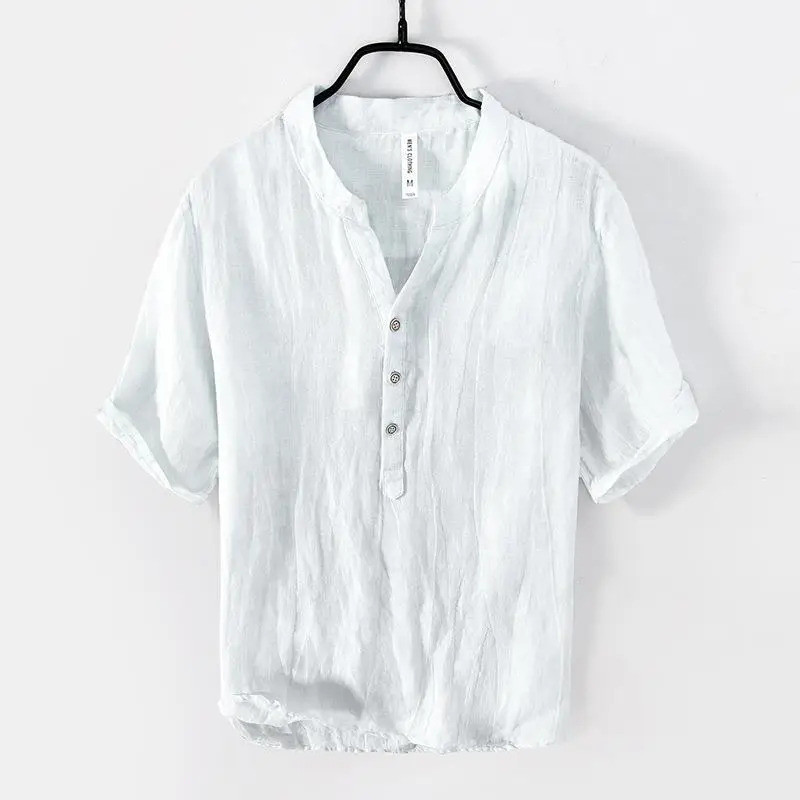 เสื้อยืดแขนสั้นผู้ชาย สไตล์ Retro Leisure ลายย่นเล็กน้อย คอวี สีทึบ ออกแบบต้นฉบับ