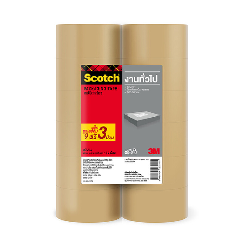 SCOTCH เทปโอพีพี สีน้ำตาล ขนาด 48 มม. x 40 ม. แพ็ค 12 ม้วน (9 แถม 3)