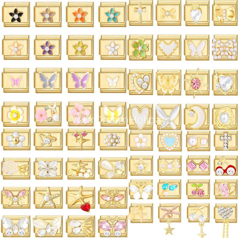สร้อยข้อมือสแตนเลส Y2K Gold สีหัวใจโบว์กระต่ายหู Pearl Italian Charm Links Fit 9 มม.