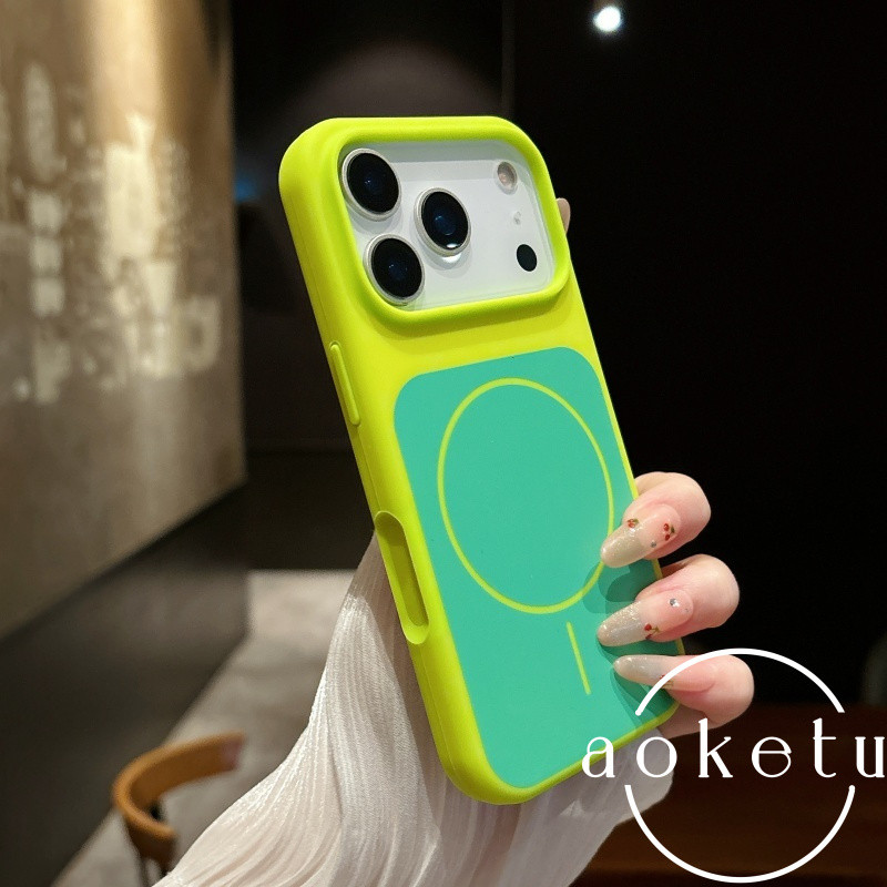 สองโทนซิลิโคนเหลวแม่เหล็กเรืองแสงเคสโทรศัพท์สีเขียวเหมาะสําหรับ ไอโฟน 13 14 15 16 17 มือโปร สูงสุด รูขนาดใหญ่รวมทุกอย่าง มีน้ําค้างแข็ง ต่อต้าน หยด ฝาคร
