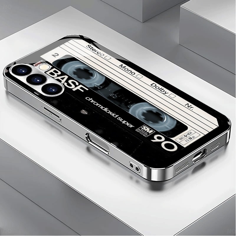 Retro cassette เทป 08 หรูหราชุบกรอบแก้วเคสโทรศัพท์สําหรับ Samsung Galaxy S22 S23 S24 S25 Ultra A22 A