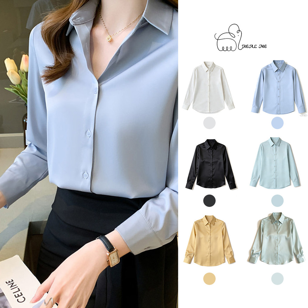 เสื้อเชิ้ตผู้หญิง ผ้าซาตินแขนยาว เสื้อทำงาน