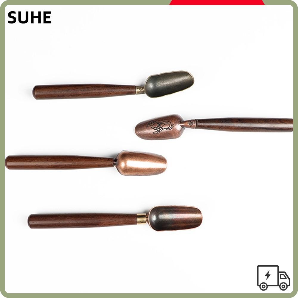 SUHE ช้อนชา,ทองแดงไม้เนื้อแข็งจับช้อนชา,ทนทานสร้างสรรค์ Retro พลั่วชา KongFu พิธีชงชา