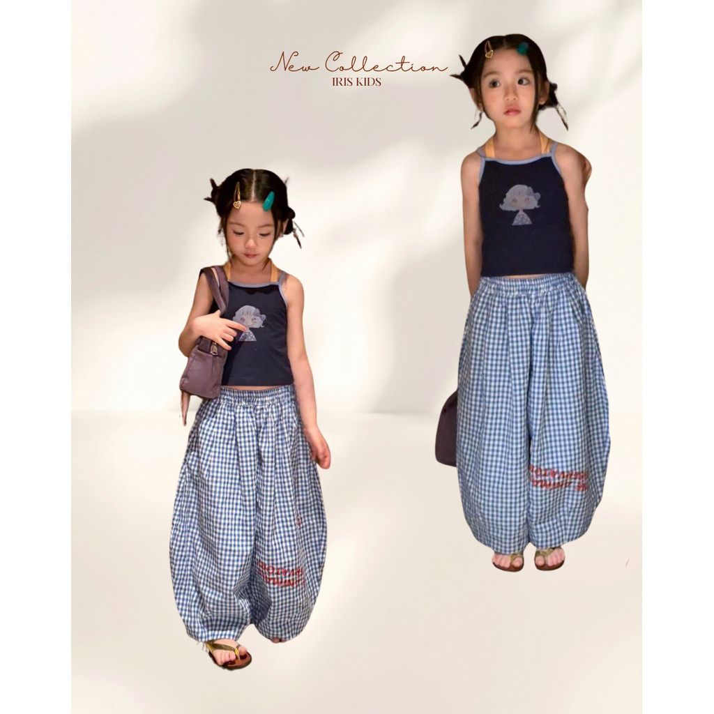 「สินค้าลิขสิทธิ์แท้」IRIS KIDS 26ss IKS260331 Cute Grid Girl Set ชุดเด็กผู้หญิง เสื้อสายเดี่ยว กางเกงขายาว สายแฟชั่นเด็ก