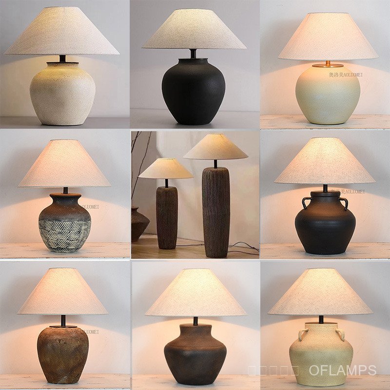 Japanese Wabi-Sabi Style Earthenware Table Lamp, Chinese Style Coarse Ceramic Living Room Hotel Homestay Designer Bedroom Bedside Lamp Decoration