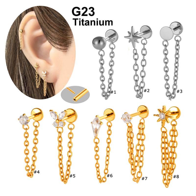 ต่างหูทรงผีเสื้อ ทำจากไทเทเนียมแบนหัวเกลียว สไตล์ Stud Chain Dangle ขนาด 16 Gauge สำหรับการเจาะ Helix และ Lobe