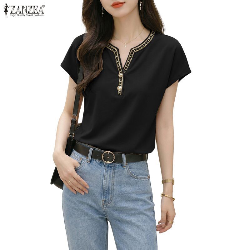 ZANZEA สไตล์เกาหลีสำหรับผู้หญิง ดีไซน์ซับซ้อน V-neck Raglan แขนปุ่มและเทคนิคการเชื่อมต่อ Webbing