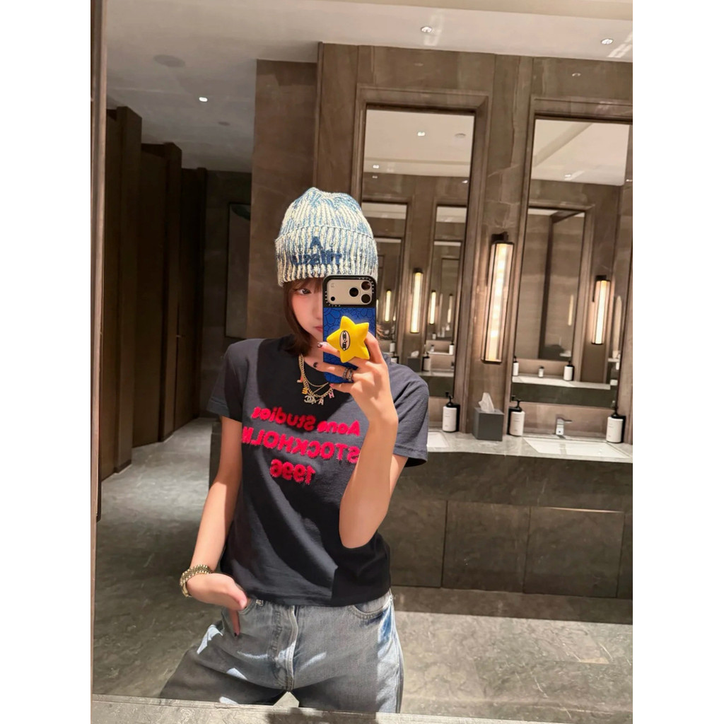 Q8OC AC* Spring/Summer Flocked Letter Print Loose Long Sleeve Pullover T Unisex T-shirt with round n