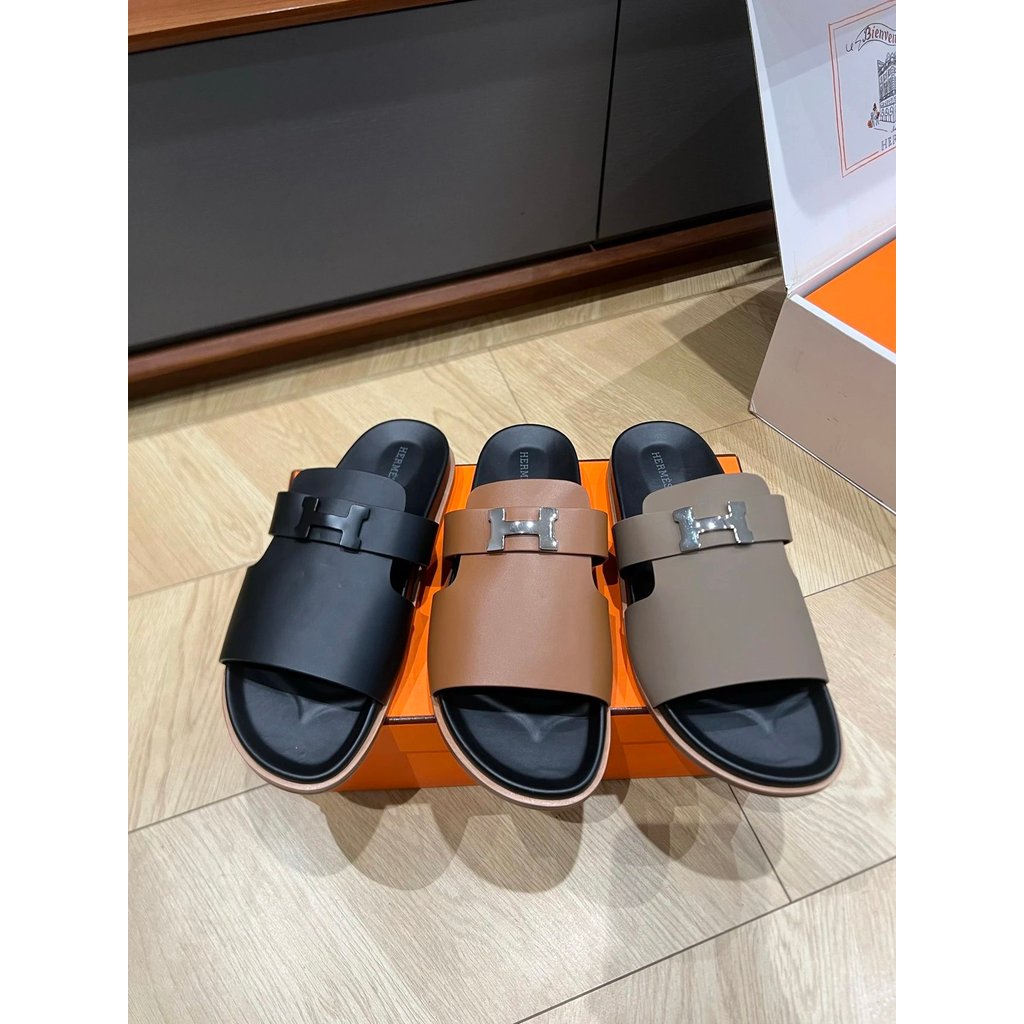 รองเท้าแตะหนังนิ่ม HERMES สำหรับผู้หญิง สไตล์รองเท้าแตะชายหาด สีดำและสีน้ำตาล