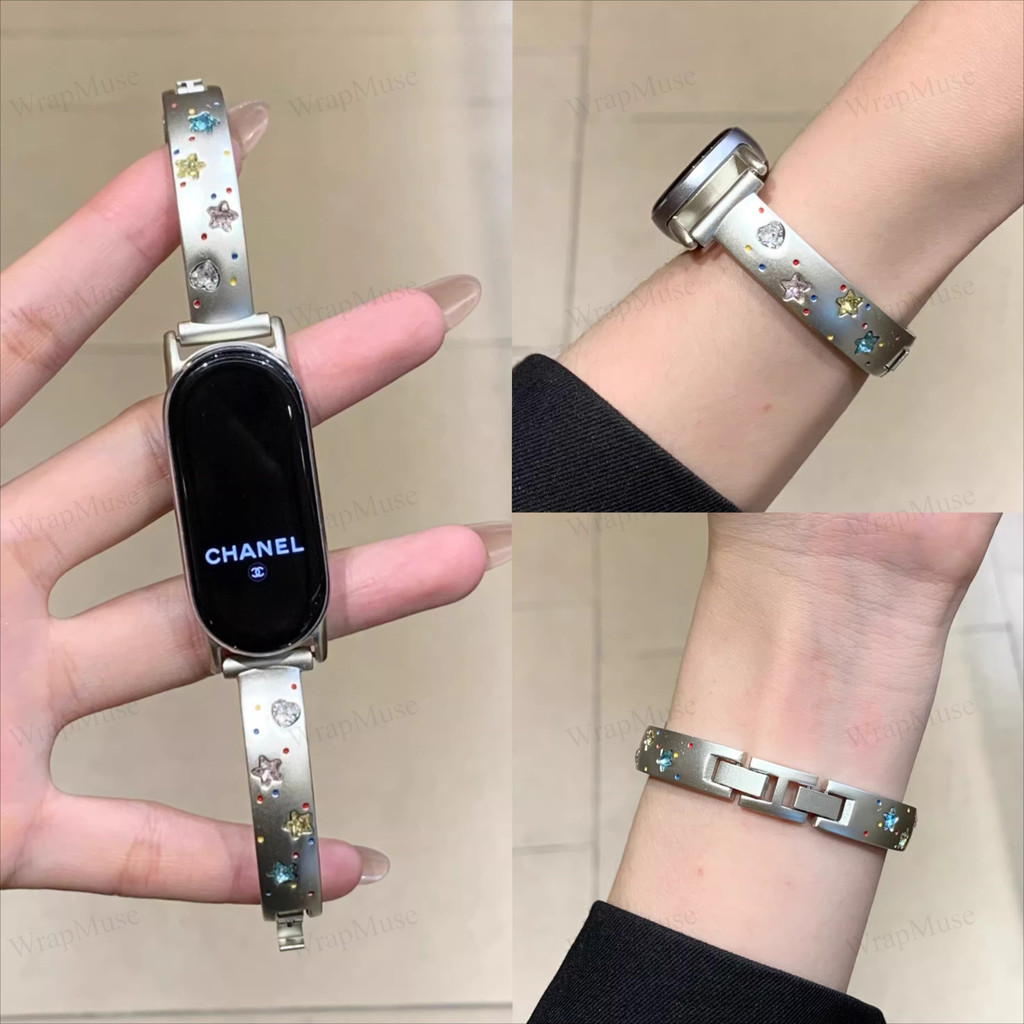 สายรัดข้อมือรูปดาวประดับเพชรหลากสี สำหรับ Xiaomi Mi Band 10 9 8, Xiaomi Smart Band 10 9 8 และ Huawei