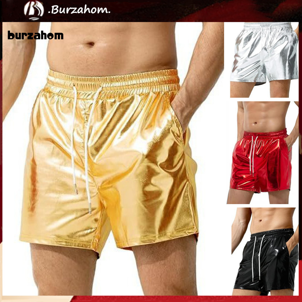 BUR_ Men Vacation Shorts ปรับกางเกงขาสั้นผู้ชายกางเกงขาสั้นขากว้างเคลือบเงาเอวยางยืดและเชือกปรับได้ 