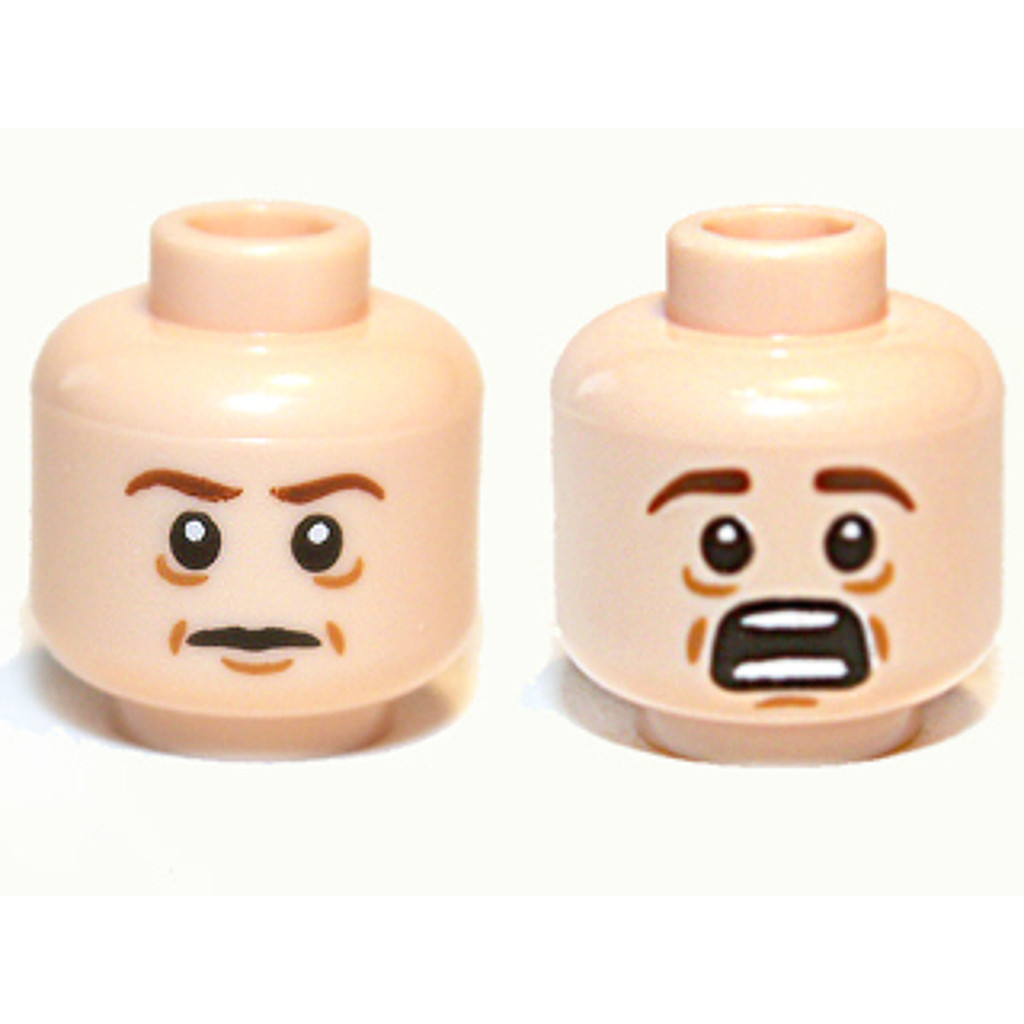 Brick2cube Part - Minifigure, Head Dual Sided Dark Brown Eyebrows, Medium Nougat Dimples, Wrinkles, 