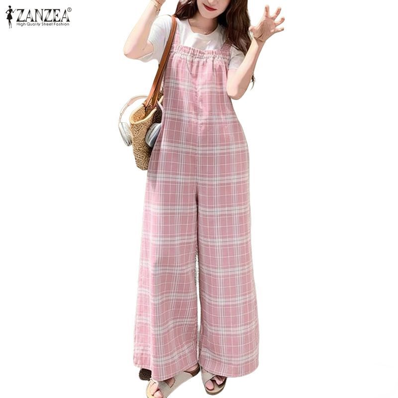 ZANZEA ใส่ ซานเซีย ผู้หญิงเกาหลีวินเทจลําลองสแควร์คอแขนกุดความยืดหยุ่นหลวมลายสก๊อตขากว้าง ชุดเอี๊ยม — صورة 6