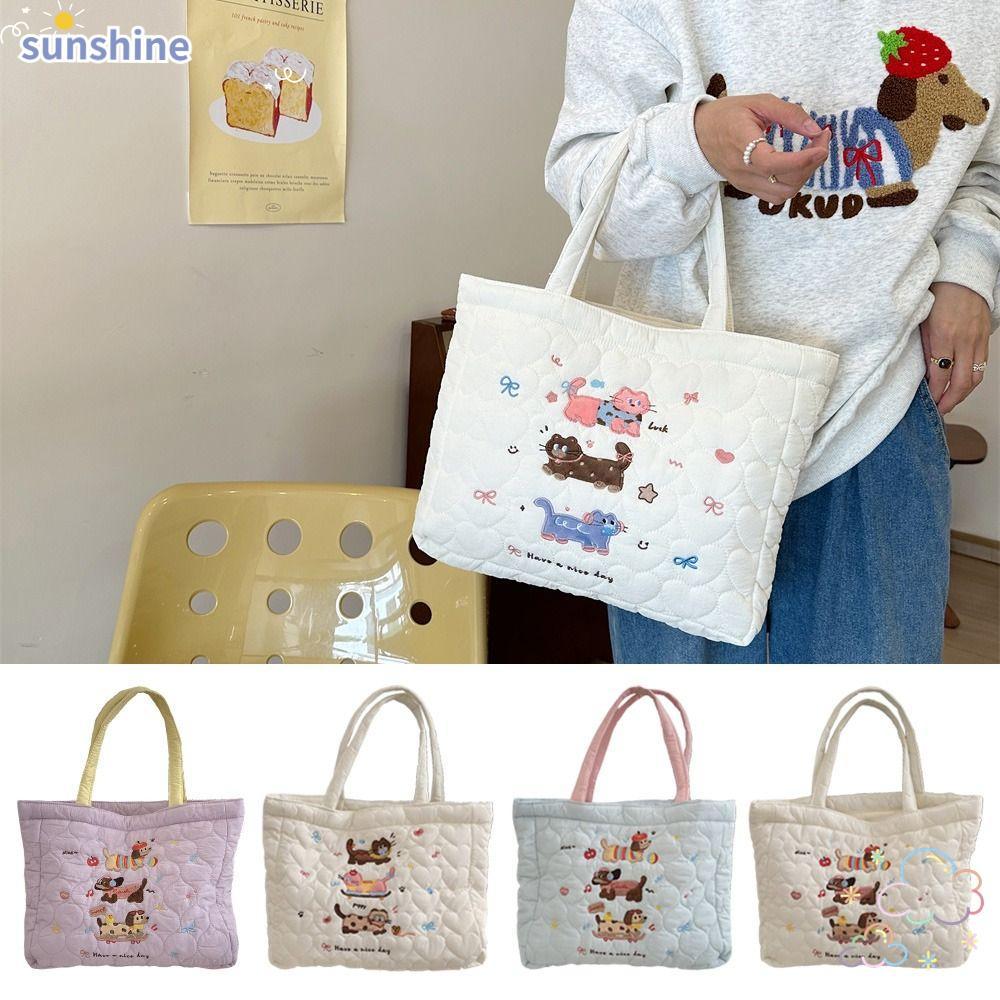 SSUNSHINE กระเป๋าถือปักลายความจุขนาดใหญ่เกาหลี INS Quilted Shopping Bags, Commuting Bag ลูกแมวน่ารักลูกสุนัขกระเป๋าสะพายการ์ตูนสําหรับสาวผู้หญิง