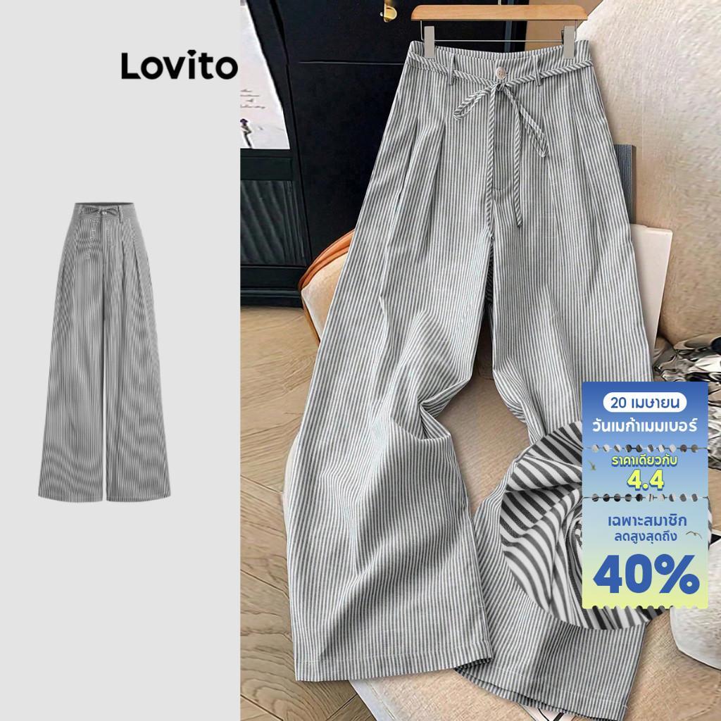 Lovito กางเกงโบโฮ กางเกงขายาวสีดำ ทรงหลวม ผูกเชือก ติดกระดุม ใส่สบาย เหมาะกับทุกฤดูกาล สำหรับผู้หญิง L137ED215