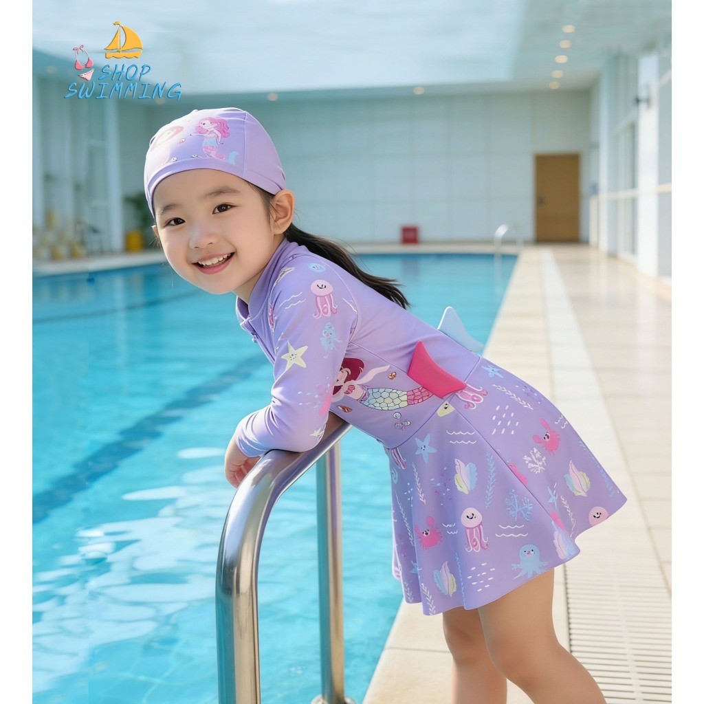 shopswimming ชุดว่ายน้ำเด็กผู้หญิงแถมหมวกว่ายน้ำ มีซับใน รุ่น20203 พร้อมส่งในไทย