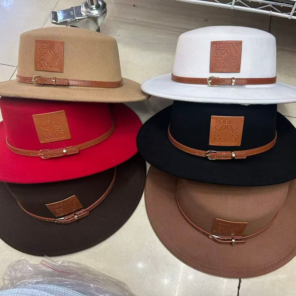 Spot Goods#Three-label belt buckle faux wool fedora for men and women, winter British style versatil