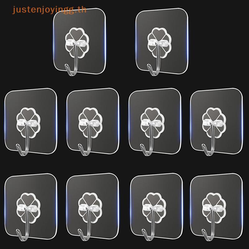 { JJTH } 10 ชิ้นสแตนเลสโปร่งใส Strong Self กาวตะขอ Key Storage Hanger สําหรับห้องครัวห้องน้ําประตูผนัง Multi-Function