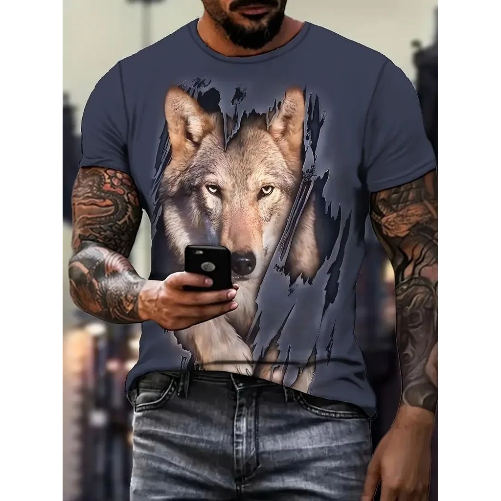 T เสื้อสําหรับชายหมาป่ารูปแบบ 3D พิมพ์ O คอแขนสั้น Casual Streetwear Y2k หลวม Tee Pullover Tops เสื้