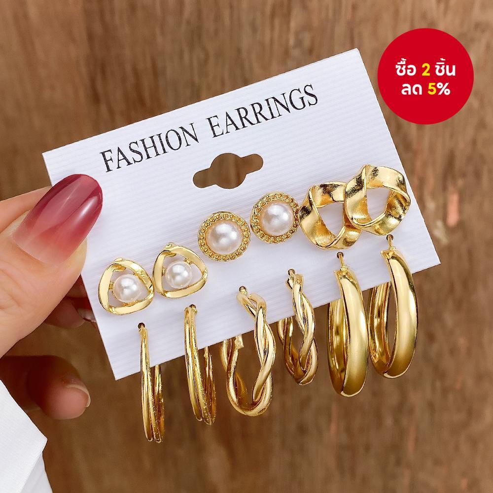 ต่างหูมุกสามเหลี่ยมโลหะ 6 ชิ้น เซ็ตทองเงิน สําหรับผู้หญิง ใส่ได้ทุกวัน เครื่องประดับหู ของขวัญสําหรับคนเจาะหู