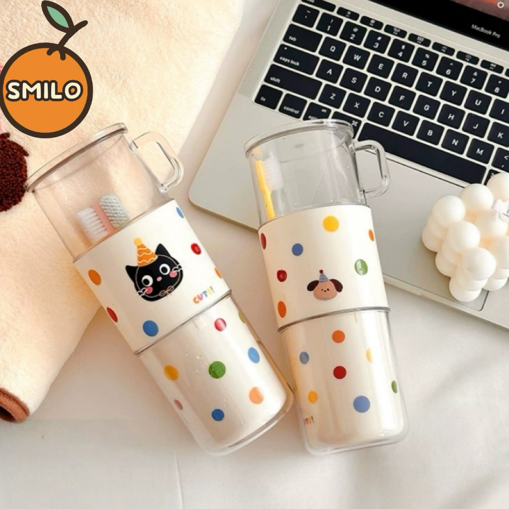 SMILO ลายแมวน่ารัก แก้วใส่แปรง ที่ใส่ยาสีฟัน กันน้ำหยด 3 ใน 1 ออแกไนเซอร์ แบบพกพา สำหรับเดินทาง