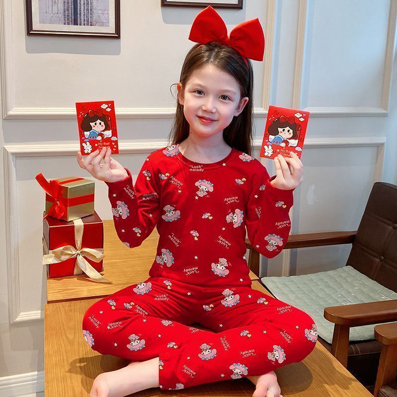 [kumi] พร้อมส่ง ส่งฟรี | 90-140ชุดนอนเด็กฤดูใบไม้ร่วงฤดูหนาวรูปแบบใหม่สาวชุดชั้นในชุดสีแดง เบนมิง ปี