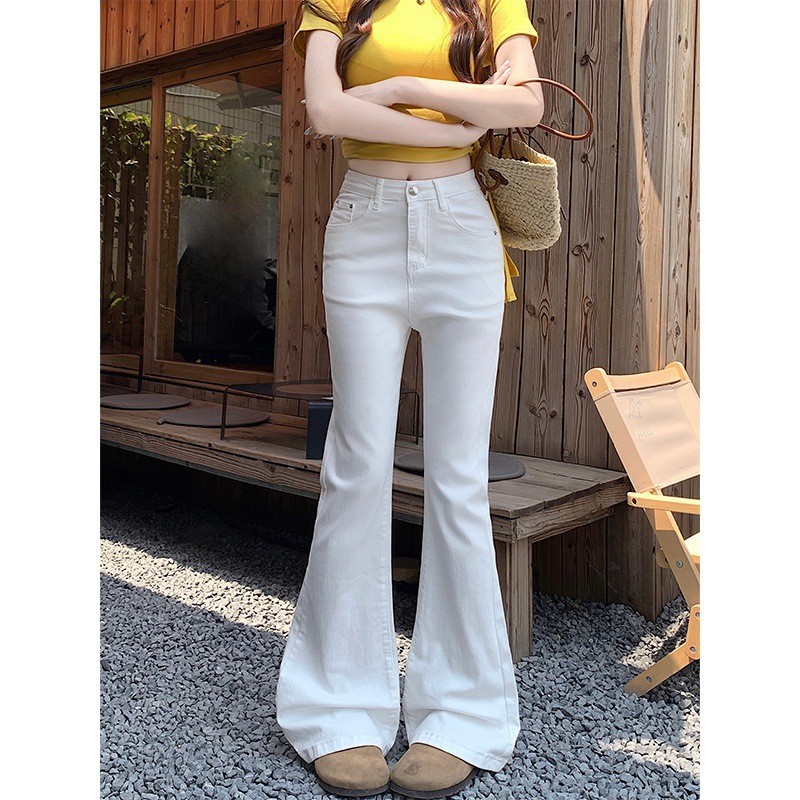 กางเกงสแล็ค baggy jeans หญิง กางเกงวอร์ม กางเกงขาม้า กางเกงยีนส์เอวสูงสีขาวแบบ flare สำหรับผู้หญิง ส