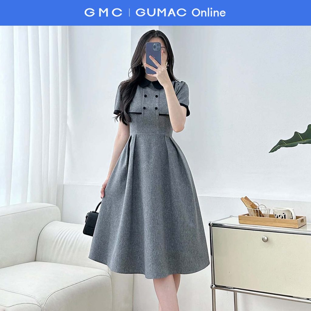 กูแมค ชุดเดรสบานทรง ก ผู้หญิงคอปกใบไม้สีดําแบบมั่นคงและกระเป๋าสตรีหรูหรา LDF0507