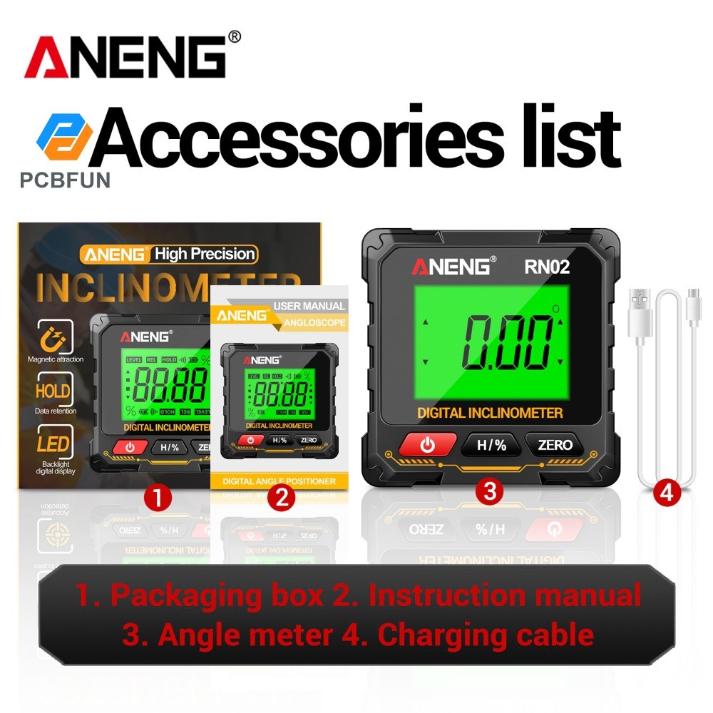 Pcbfun ANENG เครื่องวัดมุมเอียงแบบดิจิตอลอเนกประสงค์ การวัดพลิก 360 องศา เครื่องวัดตําแหน่งมุมการชาร์จแม่เหล็กสี่ด้าน
