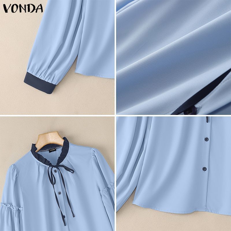 VONDA เสื้อแขนยาวสไตล์เกาหลี ลายบล็อกสีดำและลูกไม้ เปิดหน้าแบบเอช เชิญชวนให้คุณสวมใส่ในสไตล์สบายๆ — صورة 8