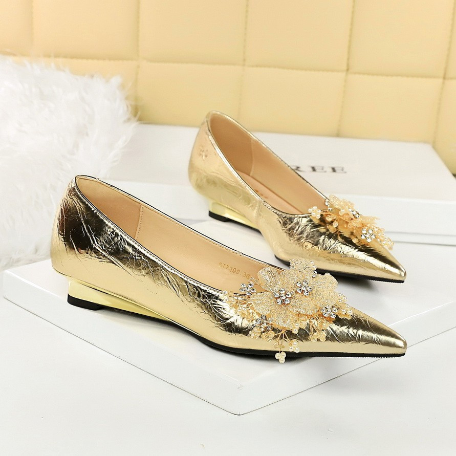 BIGTREE Fashion Wedge Shoes Shiny Metallic Flower Womens Shoes 3CM