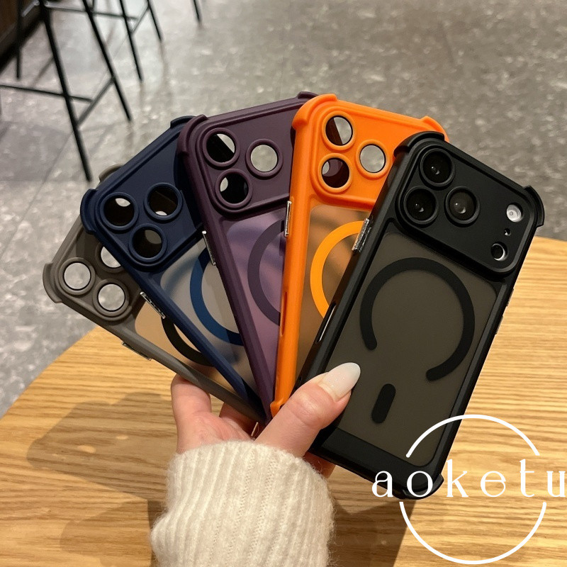 หรูหราสี่มุมถุงลมนิรภัยป้องกันการตกผิวเคสโทรศัพท์แม่เหล็กเหมาะสําหรับ ไอโฟน 14 15 16 17 มือโปร สูงสุด สีส้มฝ้ารวมทุกอย่างป้องกันการตกเคสโ