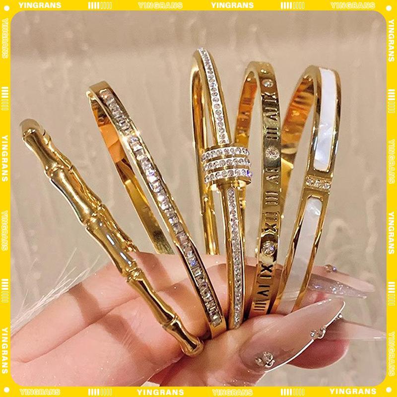 [yingrans] High-end Gold Plated 18k Gold สร้อยข้อมือเหล็กไทเทเนียมหรูหราฝังเพทาย Non-Fading Elegant All-Match เครื่องประดับสตรี TH