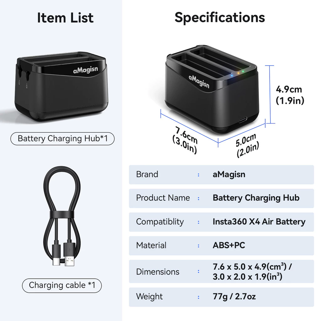 AMagisn Fast Charging Dock สําหรับ Insta360 X4 Air Battery, X4 Air Battery Storage อุปกรณ์เสริมกล้อง thumbnail 10