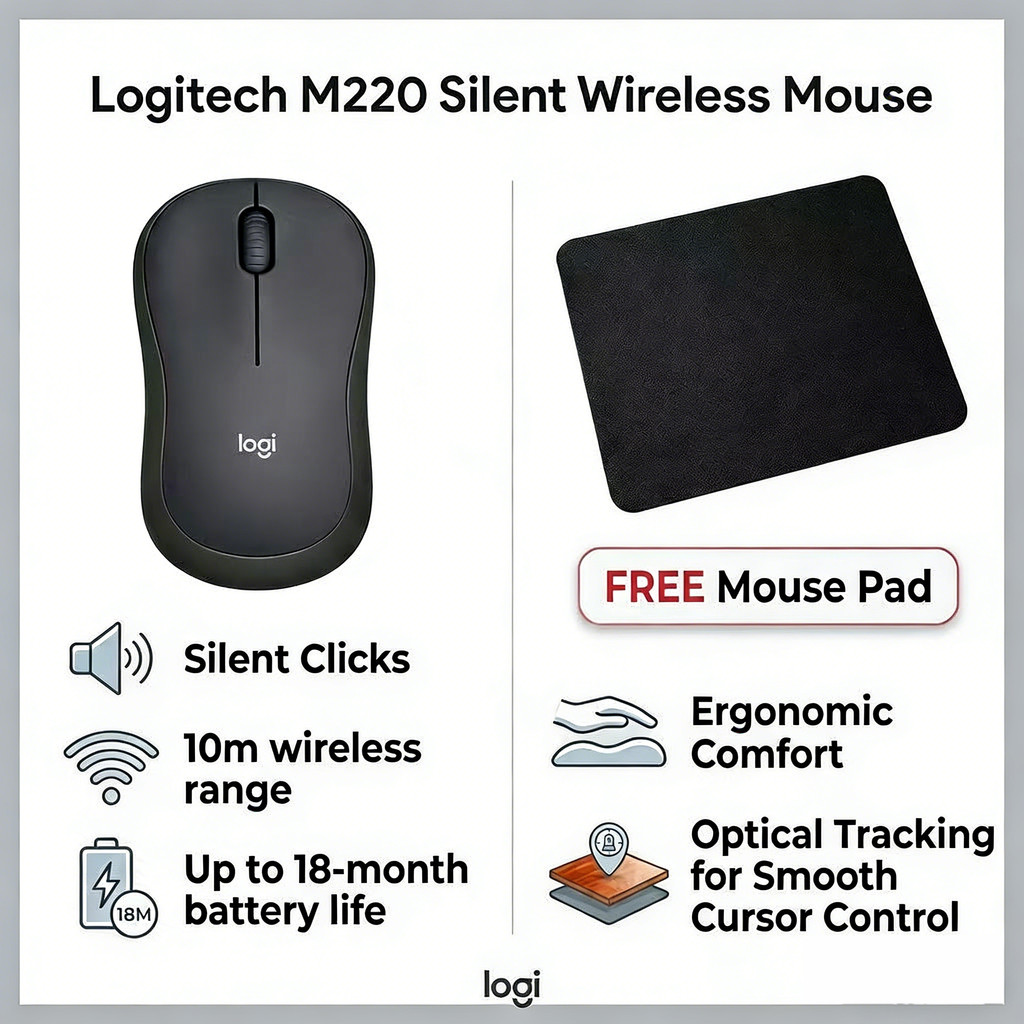 Logitech M220 Silent เมาส์ไร้สาย เสียงเงียบ คลิกนุ่ม ดีไซน์ประหยัดพื้นที่ แบตอึด 18 เดือน สำหรับ PC/Laptop/Mac - 2.4GHz USB 1000 DPI Charcoal