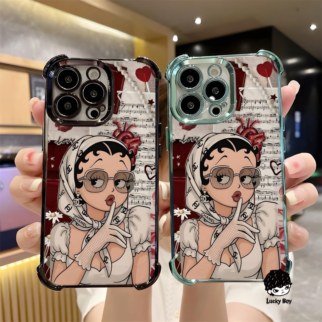 Betty Boop น่ารัก หรูหราสี่มุม Anti Drop Electroplated เคสโทรศัพท์สําหรับ 17 Pro Max 16 15 14 13 12 11 Pro Max 8 7 Plus X XR Xs Max Air Soft TPU กล้องกันกระแทก