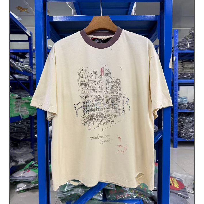 เสื้อยืดแขนสั้น Hollywood สไตล์ลายระคาย-distress