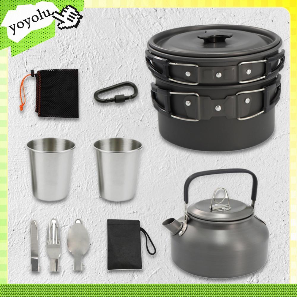 11 ชิ้น Non-Stick น้ําหนักเบาหม้อ Pan กาต้มน้ําชุด Camping เครื่องครัว Mess ชุด Camping ชุดทําอาหารส