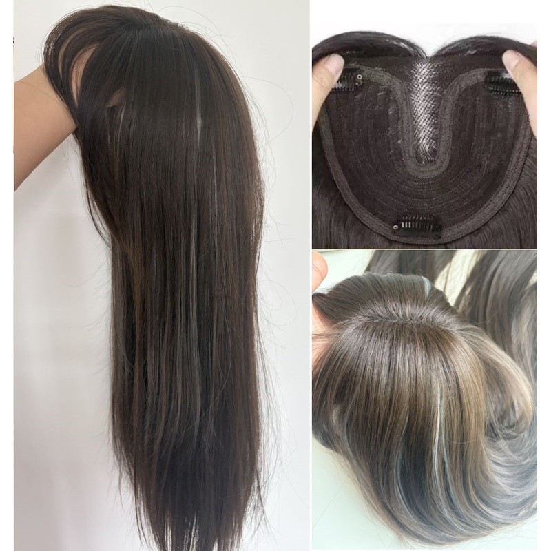 หมวกท้อปเปอร์ ผมสังเคราะห์ T-lace สีดำ/น้ำตาล ผสมสีบลอนด์ มีคลิปติดผม ขนาด 15x16 ซม.