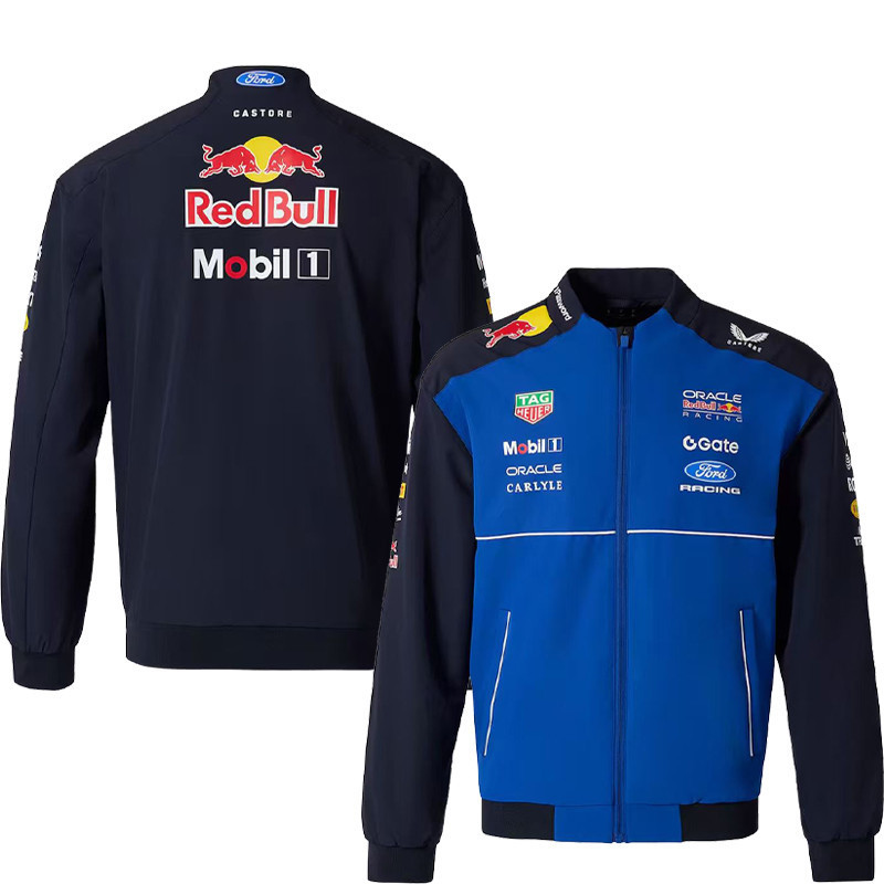 แจ็คเก็ตยืนปกซิป Unisex สไตล์รถจักรยานยนต์ ลายทีม Red Bull F1 ในโทนสีฟ้าและสีดำ โดย OWOK
