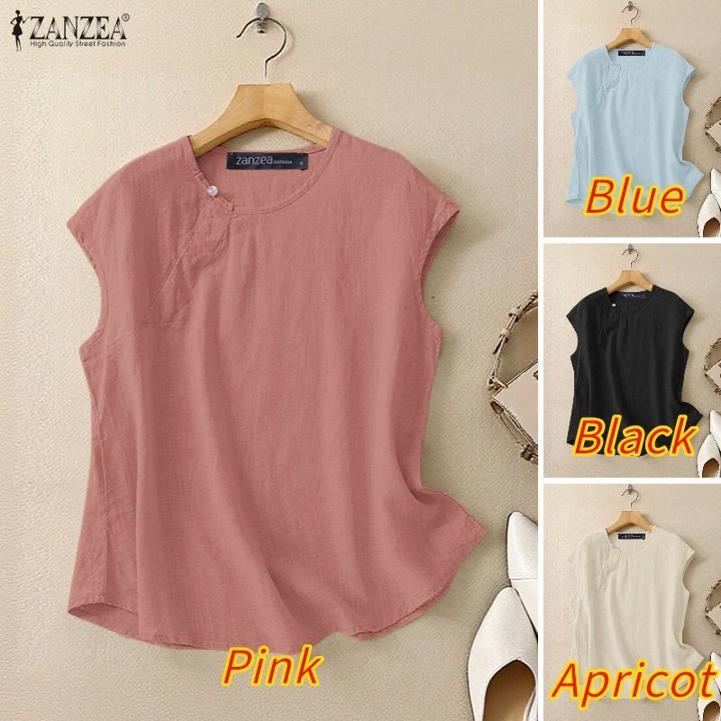 ZANZEA เสื้อเบลาส์เรียบง่ายสไตล์เกาหลีของผู้หญิงทุกวันลําลอง O คอแขนกุดสีทึบ — صورة 3