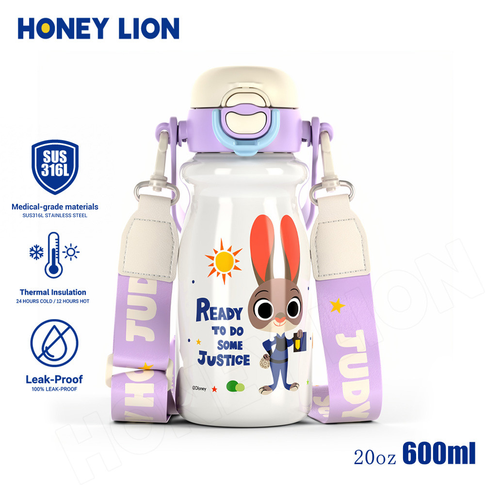 HoneyLion Disney Zootopia Insulated Cup 600ML 3 โหมดดื่มฟาง Sip Free Flow Leakproof Tumbler พร้อมสายคล้องคอ