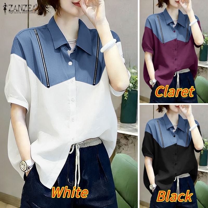 ZANZEA เสื้อผ้าสไตล์เกาหลีสำหรับผู้หญิง แจ็กเกตดีนิมแบบเรียบๆ มีกระดุมและซิปรูปแบบตัดต่อสี — صورة 3