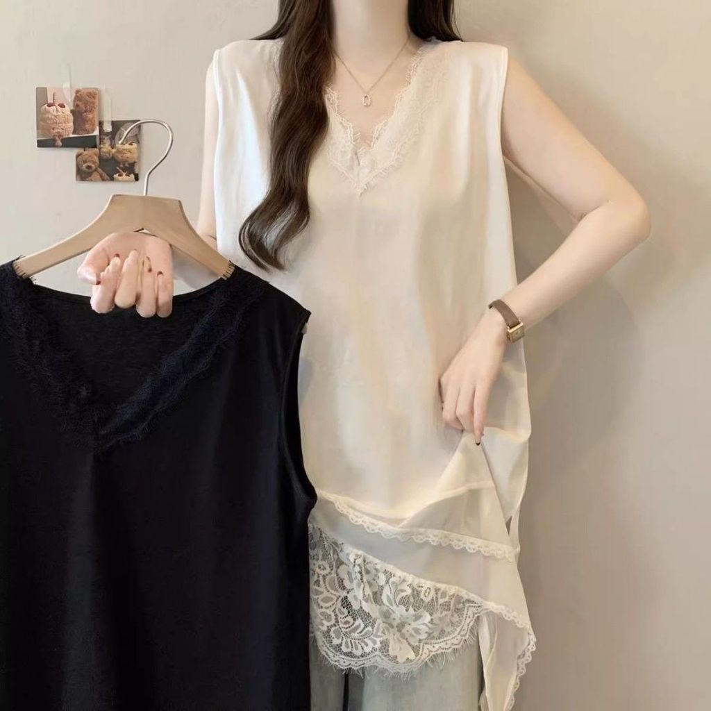 40-100kggirl เสื้อยืด pussize ขนาดใหญ่ออกแบบอุตสาหกรรมหนักลูกไม้เย็บเสื้อกั๊กผู้หญิงฤดูร้อนไขมัน mm หลวม Slimmer ดูปกเนื้อแขนกุดด้านบน