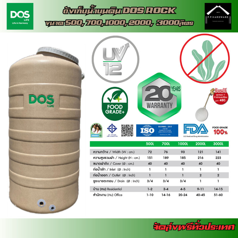 DOS ถังเก็บน้ำบนดิน ROCK (มี 5 ขนาด) ขนาด 500, 700, 1000, 2000, 3000ลิตร แถมฟรี!! ลูกลอยDOS 1นิ้ว