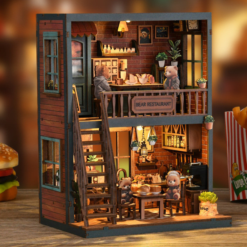 Bookend diy Hut อาหารหมีน่ารัก Light Hut มือประกอบ Pop-up Bookend Hut ไม้ของเล่นเครื่องประดับ