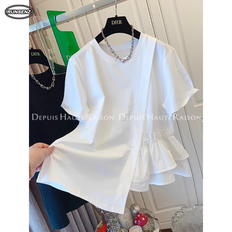 เสื้อยืดแขนสั้นสีขาวสำหรับสุภาพสตรี ไซส์ M-4XL ทำจากผ้าฝ้ายพรีเมียม มีลวดลาย patchwork ruched สวยงาม