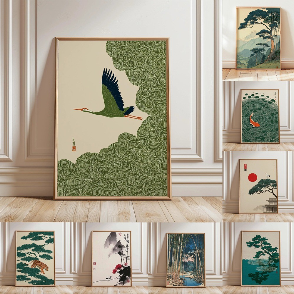 ญี่ปุ่น Tree Art ภาพวาดผ้าใบ Retro Forest Sunrise Flying Crane ผนังภาพโปสเตอร์ตกแต่งบ้าน